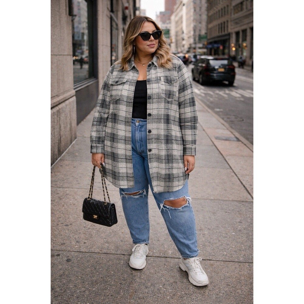Dex‎ Plaid Longline Button Front Gray Oversized Shacket Womens 3X